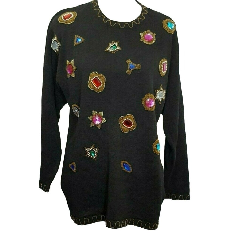 Vintage 80s Victoria Harbour Sweater Medium Bedazled Rhinestones Beads Black